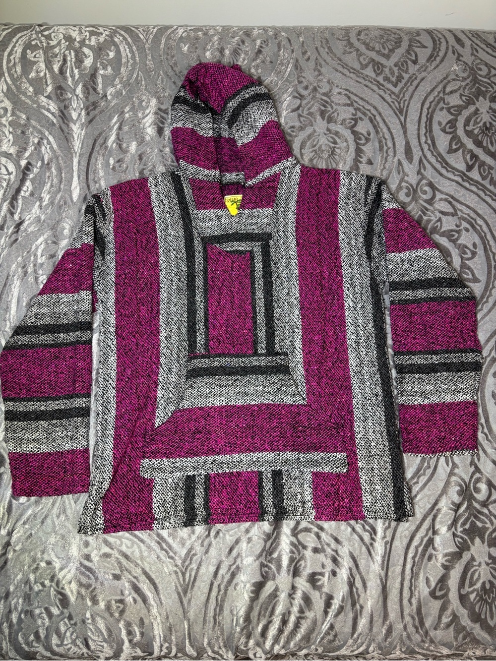 VTG Iguana Jack Baja Hippie Mexican Blanket Hoodie Cranberry/Grey/Blk Size XL
